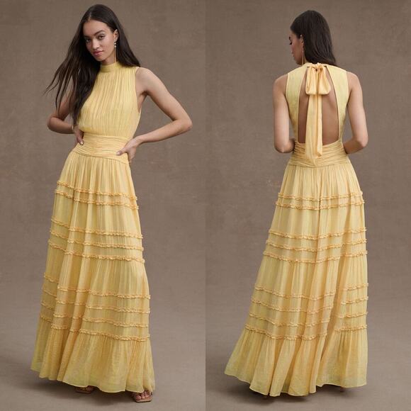 BHLDN Juniper Metallic Tiered Backless High Neck Gown Light Yellow Size 12 - Picture 1 of 9